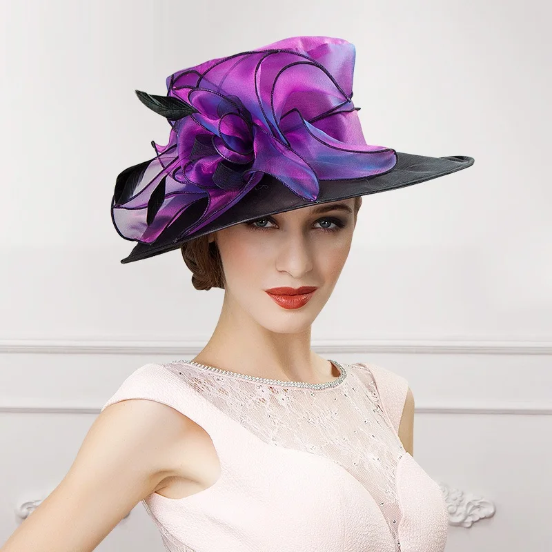 Lady Organza Fedoras Hat Elegant Wide Brim Organza Hat Women British Style Flower Decoration Feather Kentucky Derby Hat B-8204