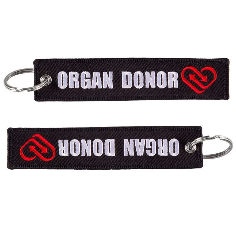 Fashion Keychain Organ Donor Keychains Holder for Motorcycles REMOVE BEFORE FLIGHT Key Fobs Organ Donor Embroidery KeyRing Chain