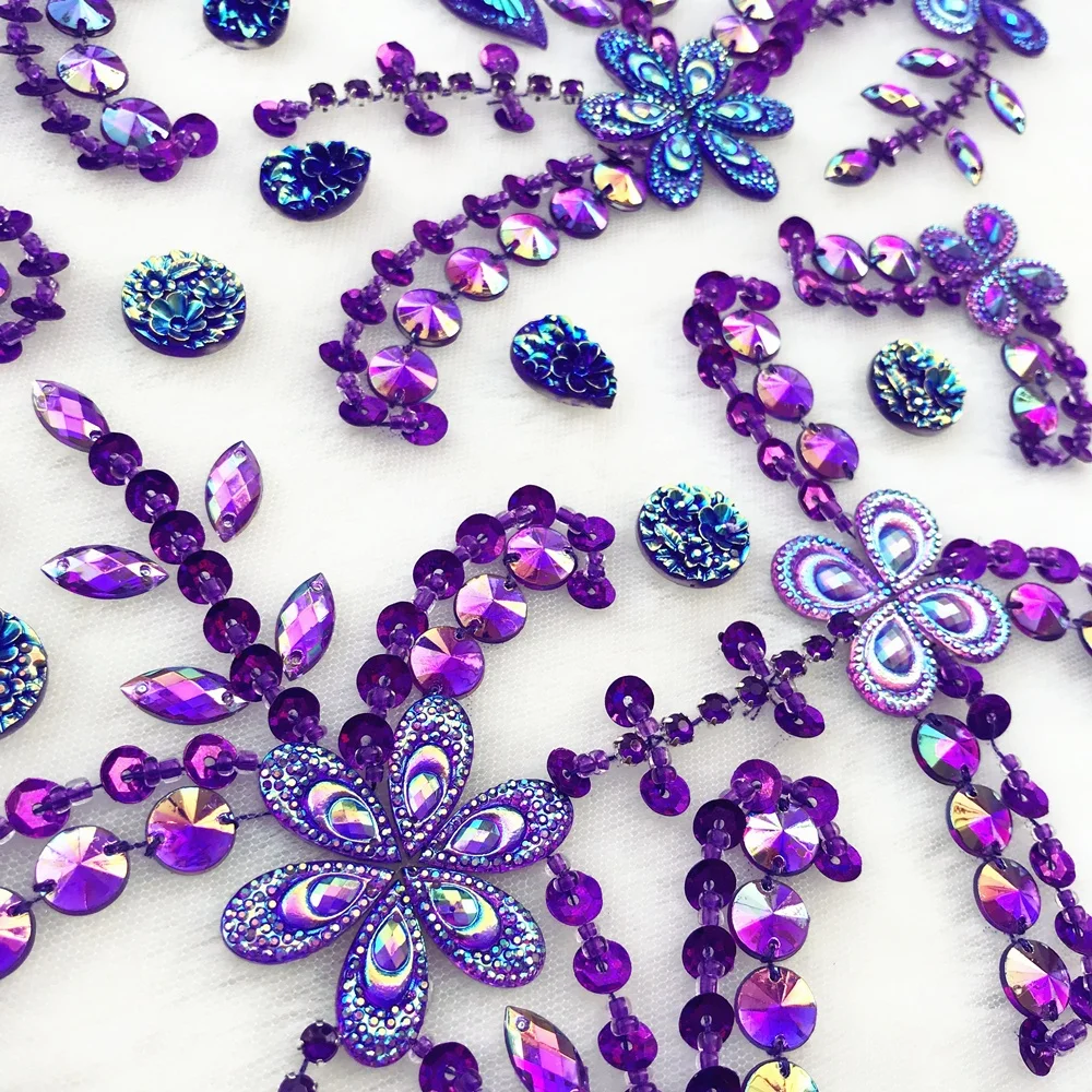 GOOD Supplier 36x54cm Purple Beaded Sequin Diy Sew on Rhinestone Patches Appliques Motif For Robe Dress Clothes Hot Fix Ceremony