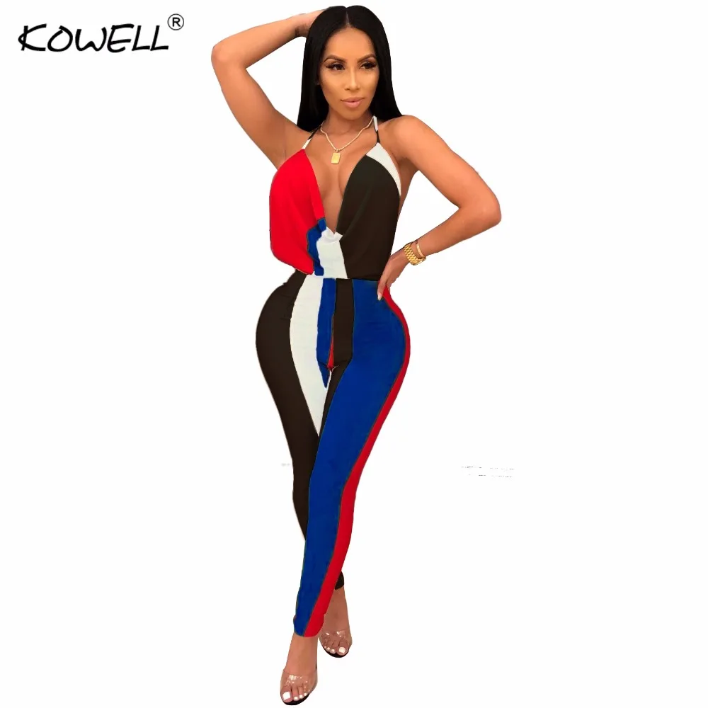 hot sell sleeveless sexy women jumpsuit romper Summer deep v neck patchwork backless long playsuit fitness overalls party club