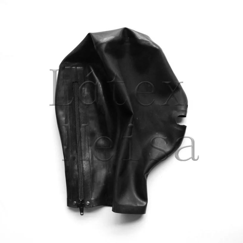 100% natural latex hoods with open nostrils and mouth and attached back zip in black color