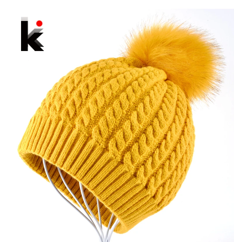 

Beanies Women Winter Cap Thicker Hair Ball Knitted Hat High Quality Cap Woman Bonnet Warm Hut Gorrs Capuchons