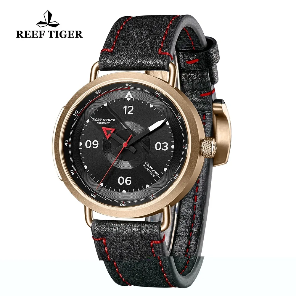 Reef Tiger/RT New Design Simple Watch Men Leather Strap Rose Gold Waterproof Military Watches  Automatic Watches RGA9055