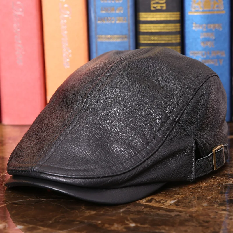 Men's Genuine Leather Visor Cap Men Genuine Leather Newsboy Hat Cap Gatsby Flat Golf Cabbie Baker Beret Retro Hat  B-7261