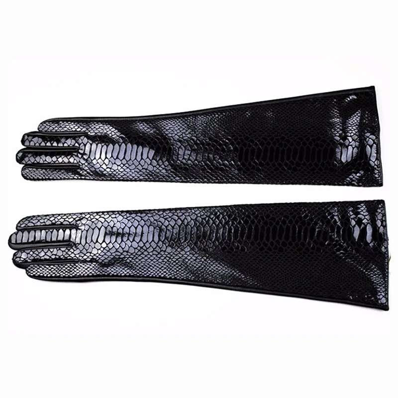 New Crocodile Pattern Long Sheepskin Leather Gloves Women Elbow Velvet Lining Autumn Winter Warm Arm Cover Black