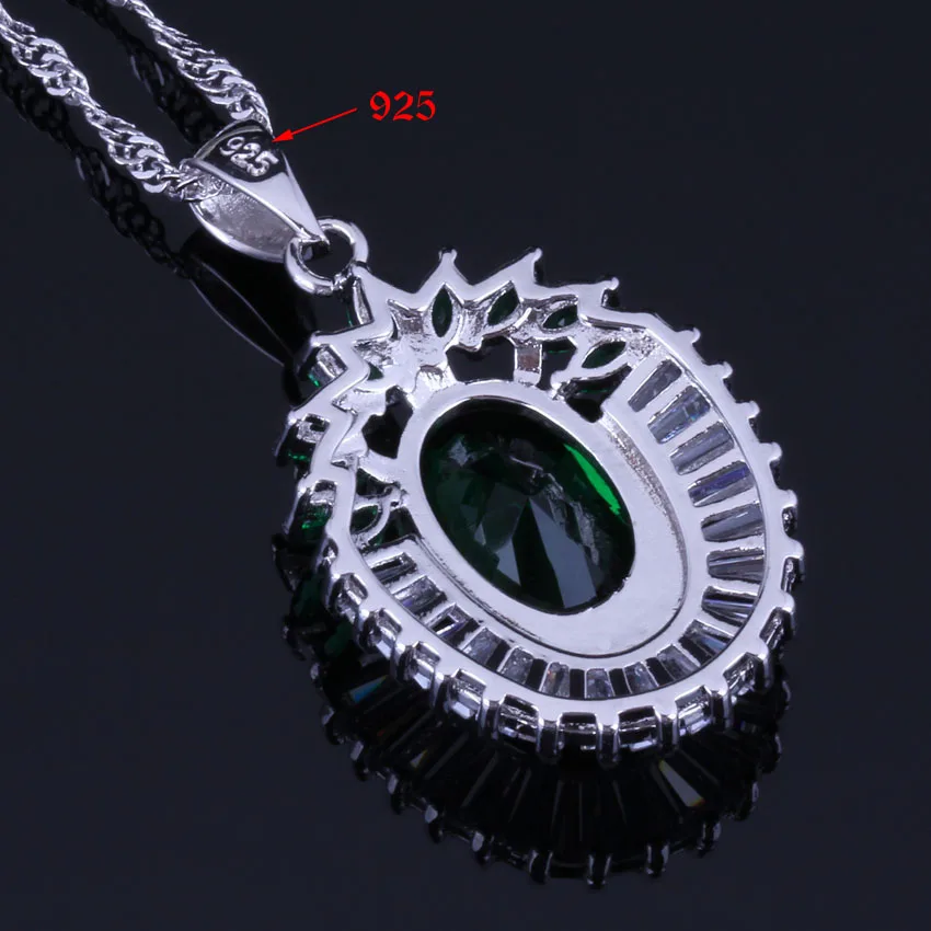 Glowing Flower Green Cubic Zirconia White CZ Silver Plated Jewelry Sets Earrings Pendant Chain Ring V1004