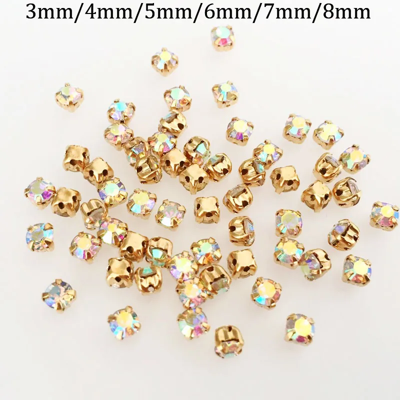 Free shipping AB color glass square shape sew on rhinestones gold claw,DIY clothing accessories