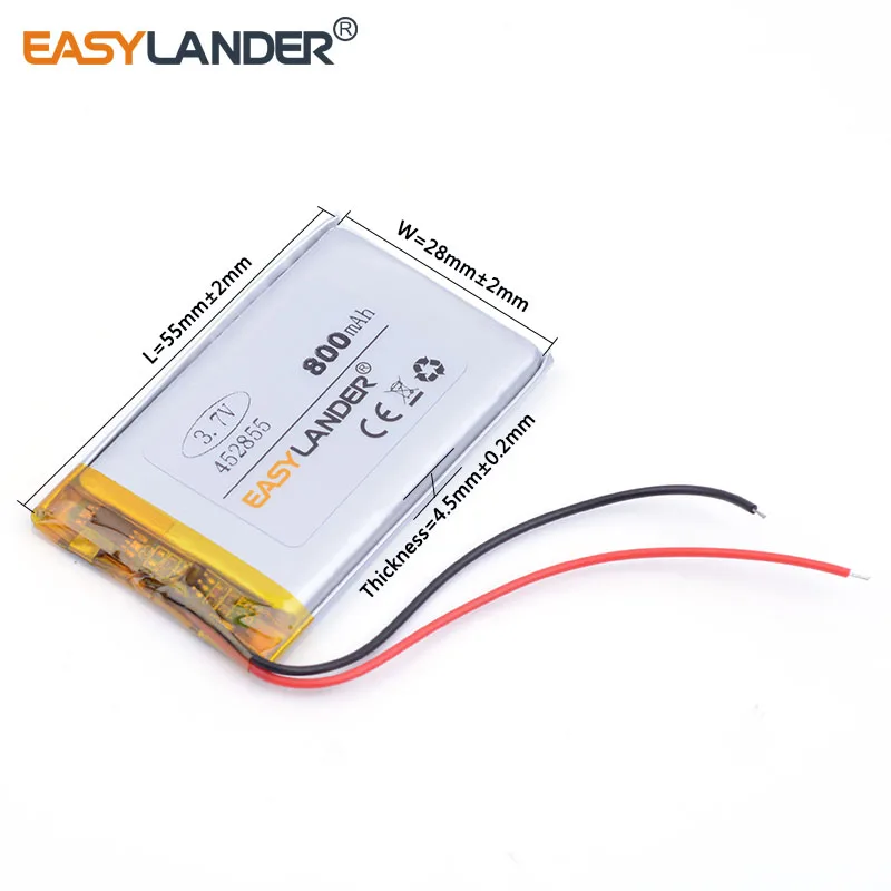Pilha polímero de íon de lítio 3 argolas, 3.7v 800mah 452855 para gps mp3 mp4 alto-falante telefone celular e-book câmera filmadora