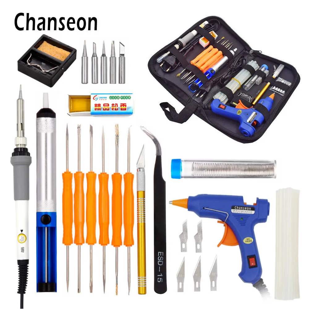 

Chanseon EU 220v 60w DIY Adjustable Temperature Electric Soldering Iron Welding Kit 20W Glue Gun Repair Carving Knife Tool Tin