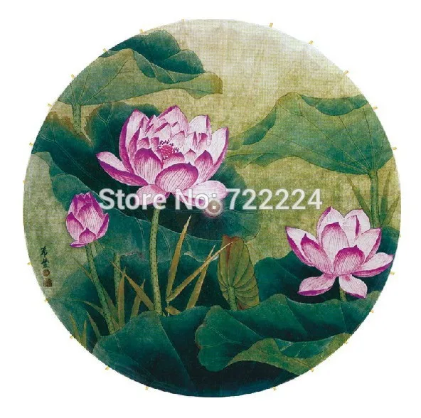 

Dia 84cm Oil Painting style lotus picture bamboo handle handmade chinese classical non-automatic waterproof oiled paper umbrella