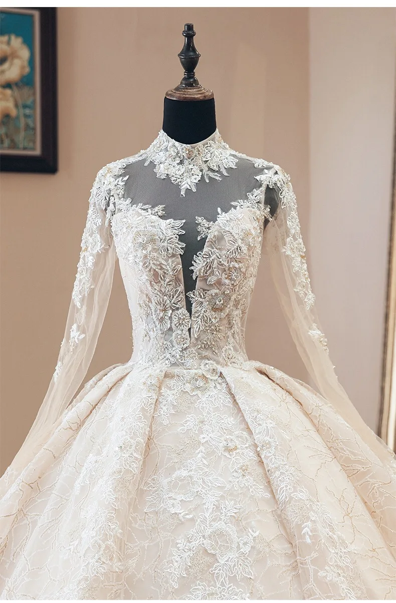 Custom Made Ball Gown Fluffy Big Train High Neck Long Sleeve Lace Crystal Beaded Luxury Wedding Dresses Wedding Gowns SA12