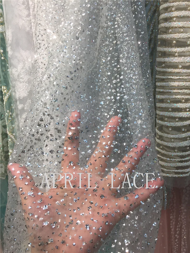 5 yards hh015 silver dot dobby sexy glued sparkle glitter mesh net tulle lace fabric for wedding sawing /evening dress