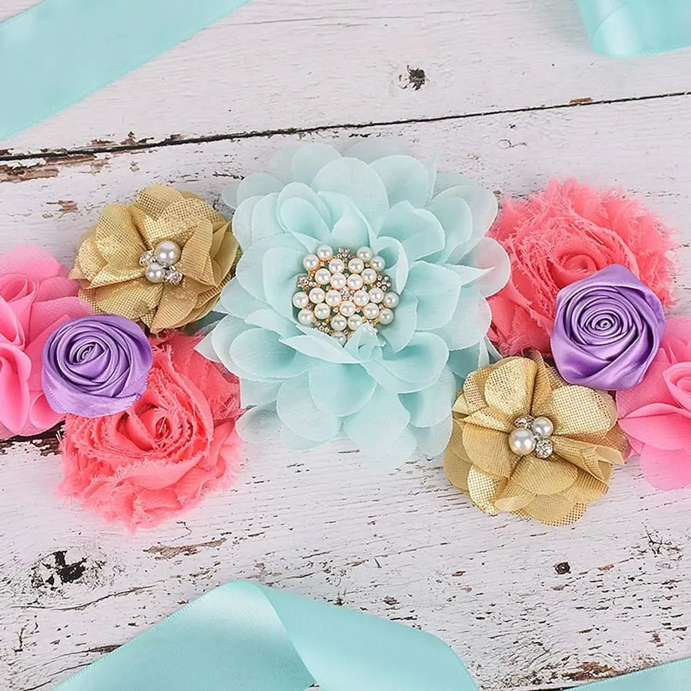 New Fancy Maternity Sash Flower Sash Pregnancy Belly Belt Photo Props Gift Baby Shower Party Flower Girl Belt 4 Colors