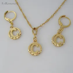 26 LETTERS INITIAL FROM A TO T CIRCLE STAR CARVED PENDANT 45CM NECKLACE EARRING SET