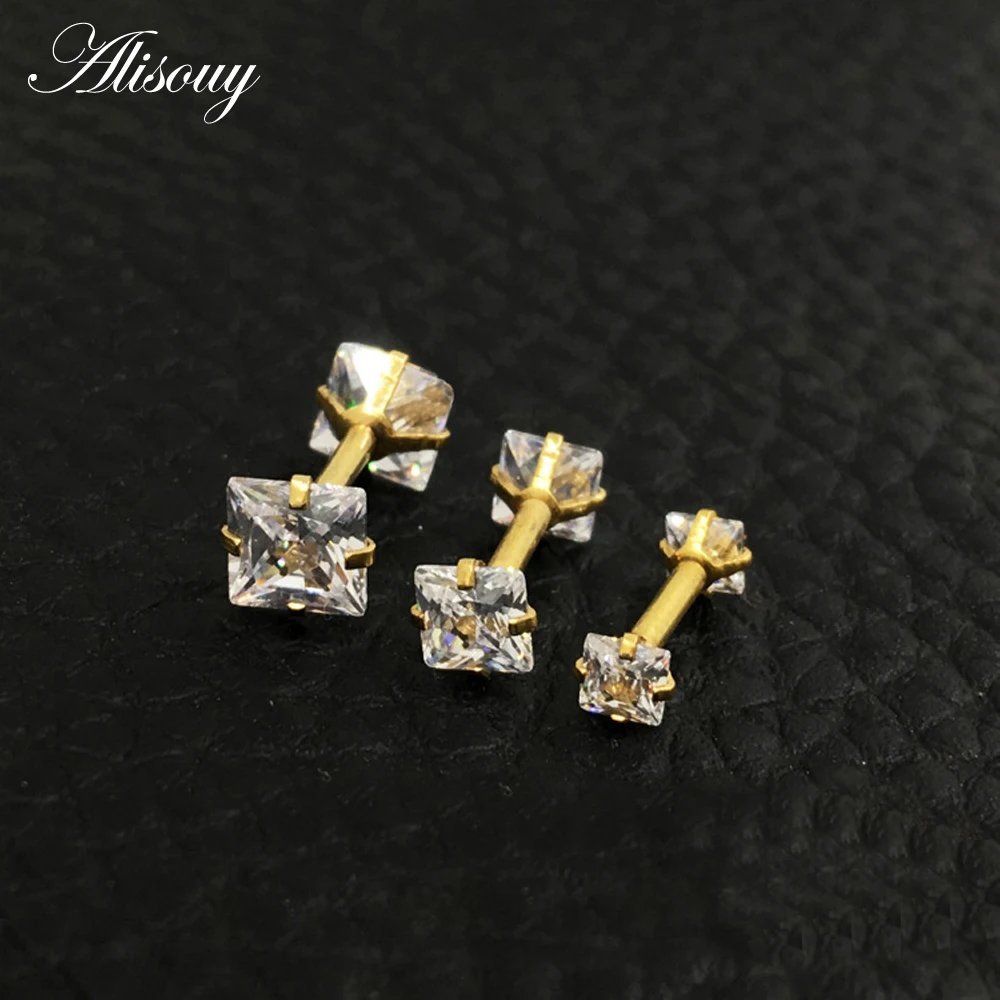 Alisouy 2 pcs Punk Style Piercing Barbell Ear Cartilage Tragus Helix Stud Double Zircon Body Jewelry For Man Women Studs 1.2mm