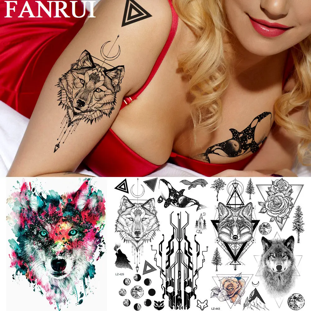 FANRUI Circuit Tree Fox Wolf Tattoos Temporary Body Art For Men Women Tatoos Paper Waterproof Beer Triange Flower Tattoo Sticker