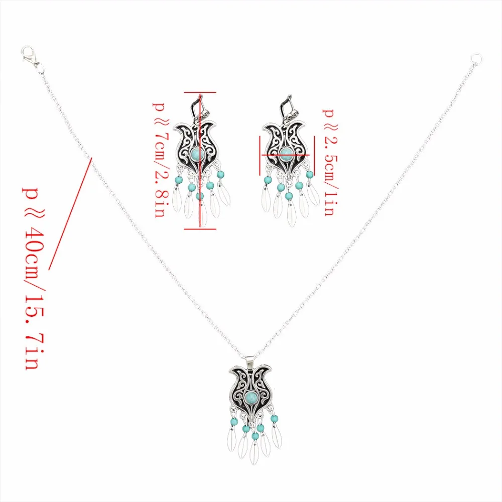Boho Gypsy Vintage Metal Carved Flower Red Green Beads Leaf Tassel Turkish Necklaces Earrings Sets Indian Jewelry Sets for Women