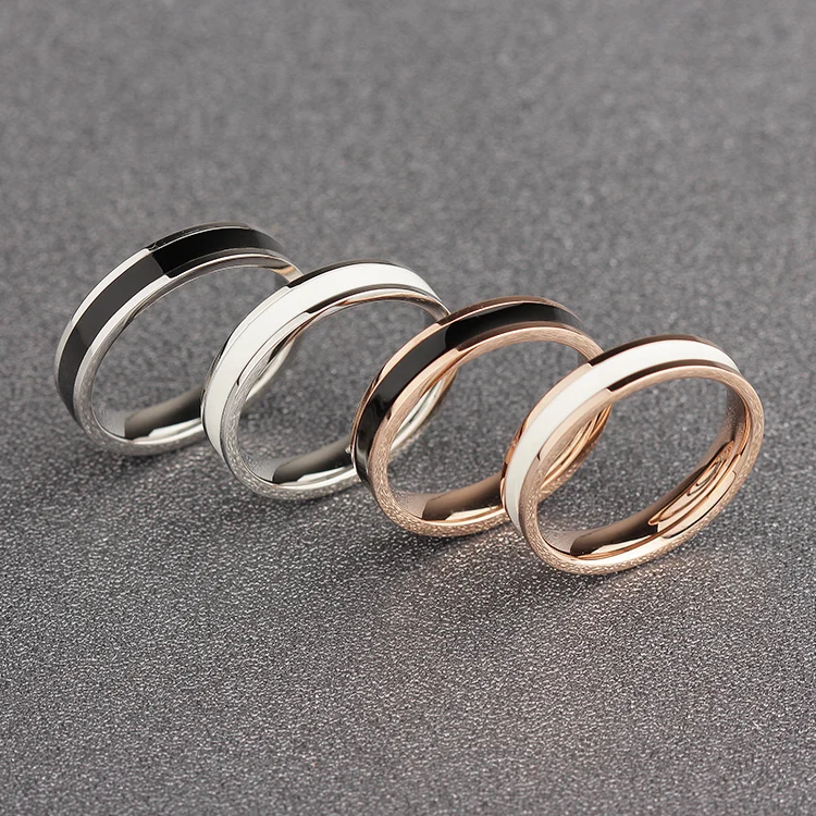 YUN RUO Rose Gold Color White Black Ceramic Ring for Woman Man Wedding Jewelry 316L Stainless Steel Ring Top Quality Never Fade