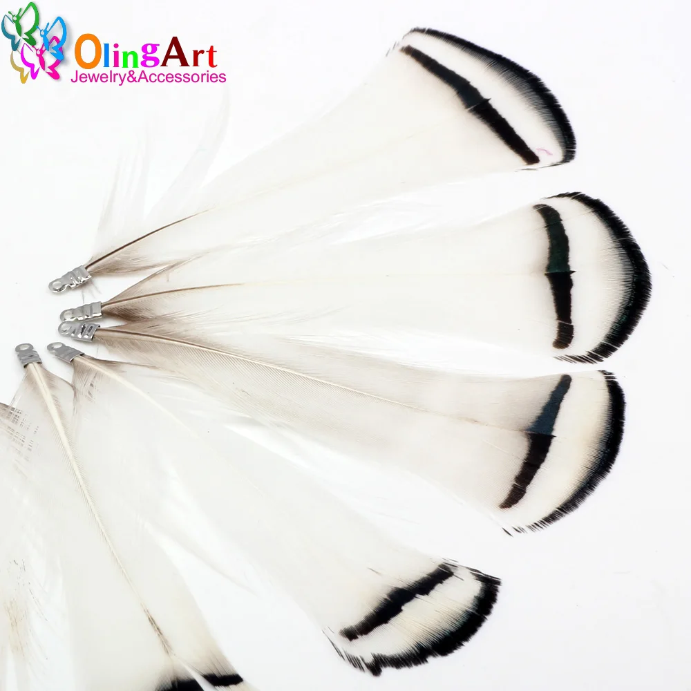 

OlingArt Natural Feathers 12pcs 8cm White Black Stripes Women Necklace Earrings Tassels DIY Jewelry Making Keychain Pendants