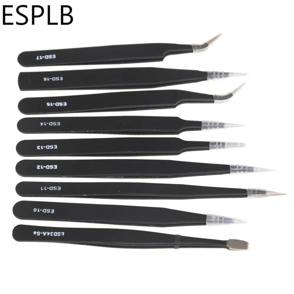 9-10pcs/Set ESD Stainless Steel Tweezers Precision Anti-Static Industrial Repair Tools Tweezers for Electronics Soldering Craft