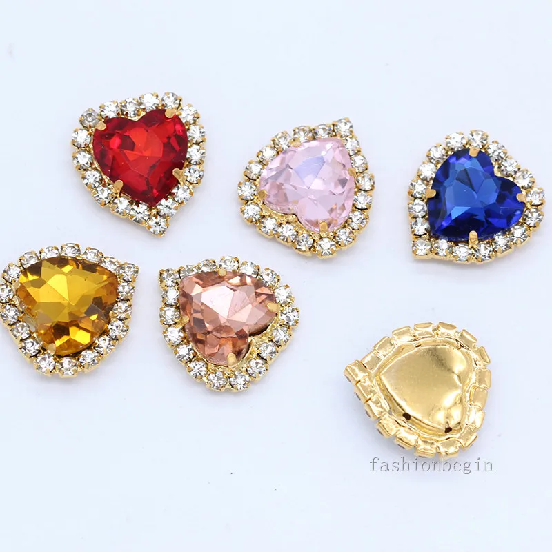 8/10/12/18 color heart shape crystal glass stone sew on flatback rhinestone chain trim Gold setting Craft clothes jewelry making