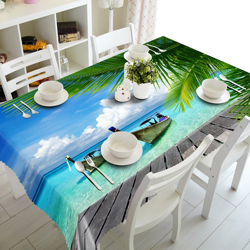 3D Tablecloth Beachfront Beach Landscape Pattern Polyester Dustproof Rectangle Table Cloth Christmas New Year Gift