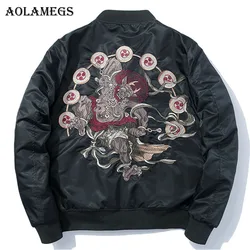 Aolamegs Jackets Men Japanese Embroidery MA1 Jacket Tracksuit Coats Hip Hop Stand Collar Casual Cozy Male Windbreaker Streetwear