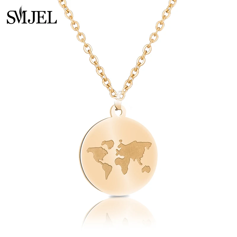 SMJEL Layer World Map Necklaces for Women Simple Round World Coin Charms Necklace Wonderlust Handmade Jewelry Gift