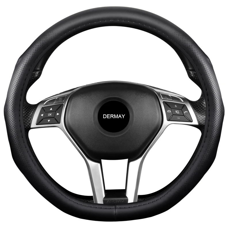 3 Colors Genuine Leather Car Steering Wheel Cover Top Layer Leather M Size 38cm Non-slip 6 Bulges With Breathable Holes