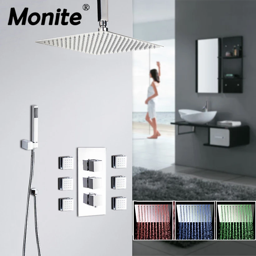 Monite 8 12 16 Inch LED Rainfall Ceiling Shower Head Bathroom Bathtub Wall Mounted Massage Jets Mixer Tap Shower Faucet Set