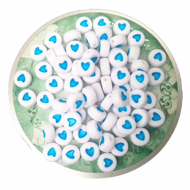 

Lovely Aqua Sky Blue Heart Printing Acrylic Flat Round Beads 3600PCS 4*7MM Plastic DIY Jewelry Plastic Bracelet Spacer Beads