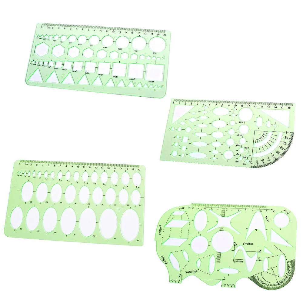 Set of 4 Clear Green Color Plastic Measuring Templates Geometric Rulers for Office and School