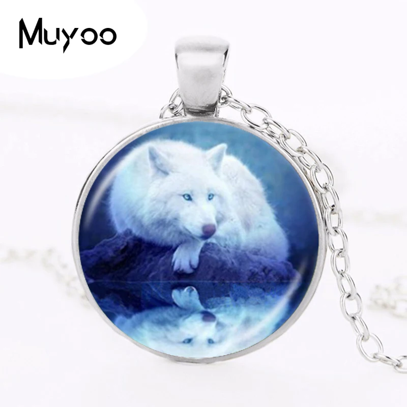 Snow Wolf Necklace Wildlife Animal Jewelry Glass Cabochon Pendant Round Chain Sweater Necklace for Women Men Lover Gifts HZ1