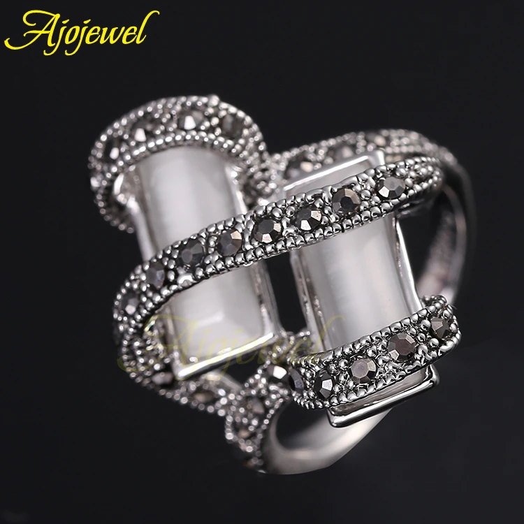 Ajojewel Retro White Opal Ring Women Pave Black Rhinestones Finger Rings Size 7-9 Vintage Jewelry Bijoux