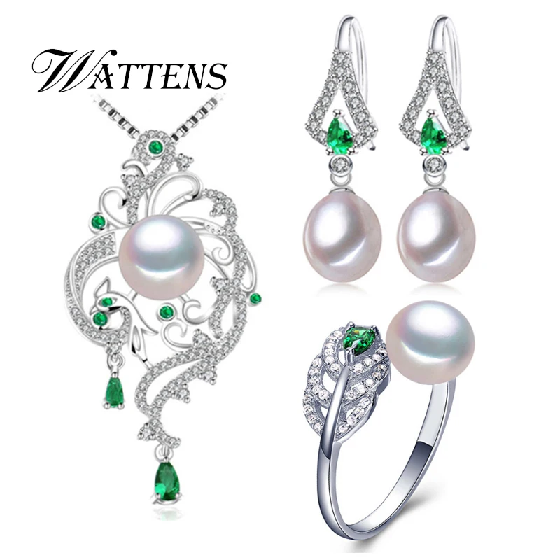 Natural Pearl set pearl necklace earrings ring women 925 sterling silver Phoenix Green zircon jewelry sets wedding party Gift