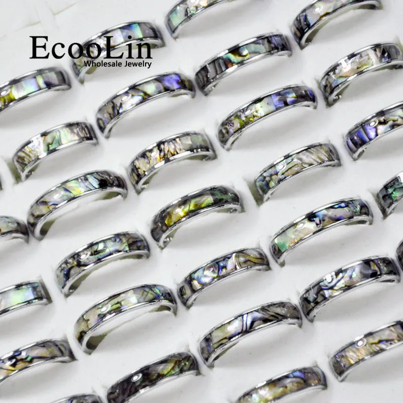 10Pcs EcooLin Brand Fashion Natural Shellfish Abalone Shell 316L Stainless Steel Rings For Women Jewelry Lots Bulk LR4029