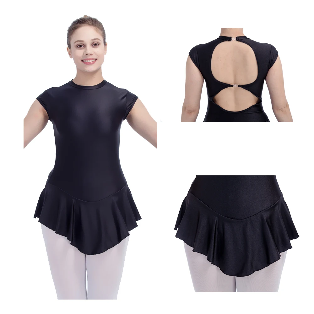 Black Cap Sleeve NylonLycra Skating Dance Costume Red Girls Dancewear Women Dancing Dress