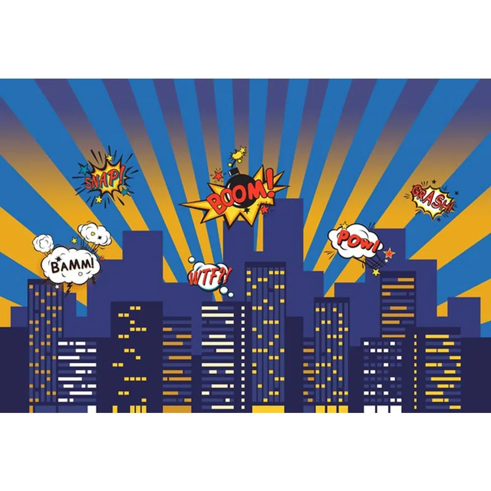 

Baby Kids Super Hero Themed Photo Shoot Background Printed Night Sky City Buildings Cartoon Birthday Party Photography Backdrops