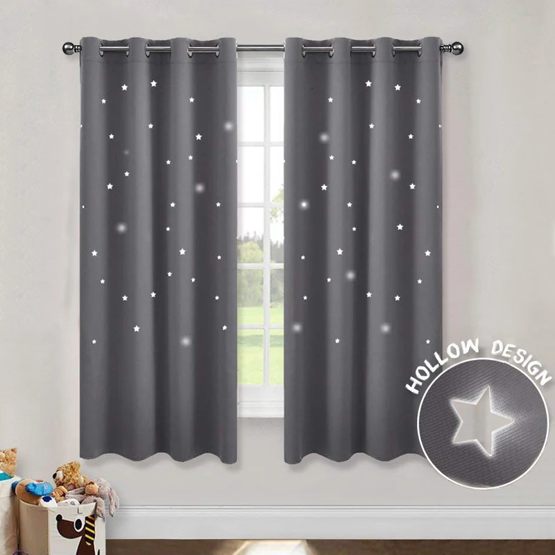 MAKEHOME Hollow Stars Blackout Curtains for Kids Bedroom Living Room Three Layers Fabrics Window Curtains Home Decor Stars Tulle