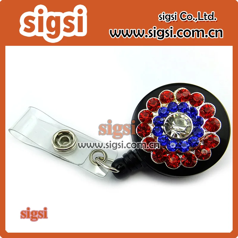 Wholesale Vintage Crystal Red & Blue Rhinestone Flower Retractable Reel ID Badge Holder