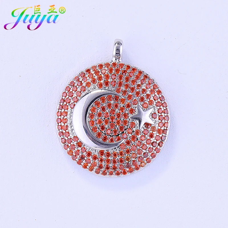 Juya Handmade Religious Jewelry Supplies Micro Pave Zirco Turkish Flag Crescent Moon Pendant Necklace For Muslim Allah Jewelry