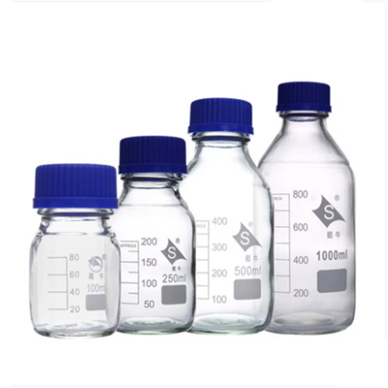 4pcs Reagent bottle,With blue screw cover,Normal glass,Capacity 100ml,Graduation Sample Vials Plastic Lid