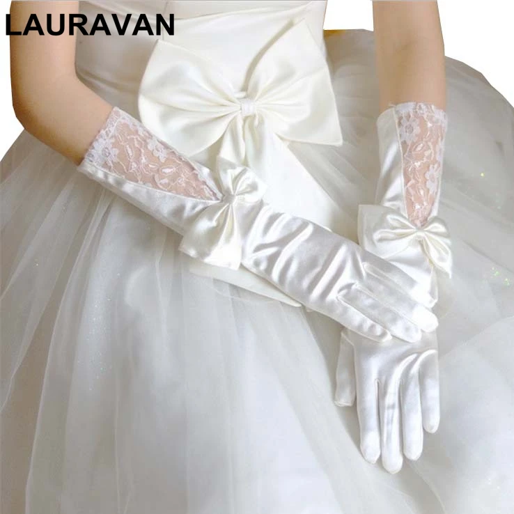 Luva de noiva-guantes largos de encaje satinado con lazo para novia, guantes de boda con dedo, blanco marfil, accesorios de boda