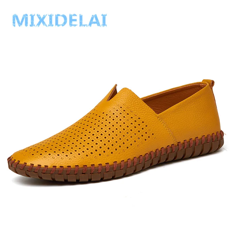 MIXIDELAI Genuine Cow Leather Mens Loafers Fashion Handmade Moccasins Soft Leather Blue Slip On Men\'s Boat Shoe PLUS SIZE 38~47