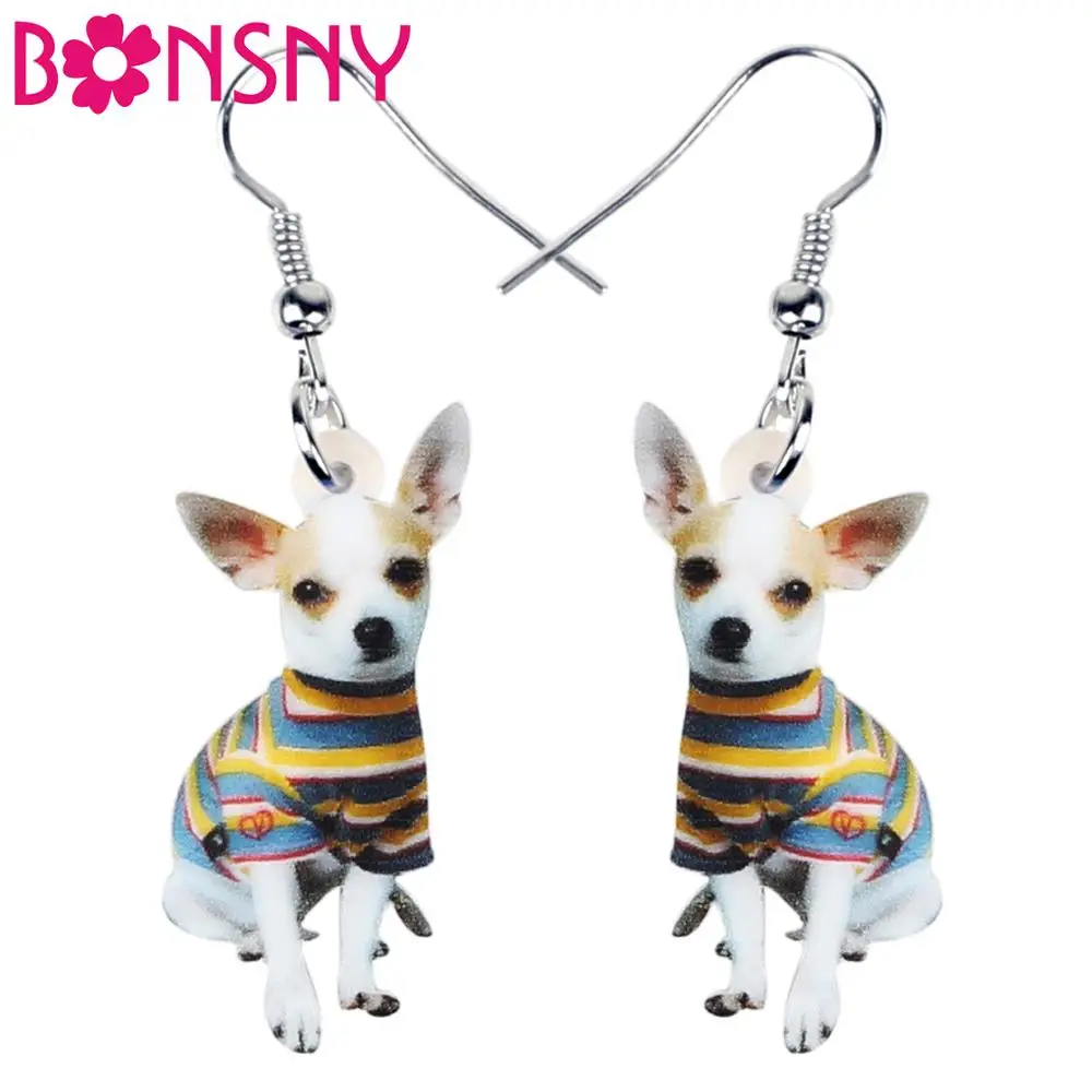 Bonsny Acrylic Cute Striped Coat Chihuahua Dog Earrings Dangle Drop Unique Jewelry For Women Girls Pet Lovers Charm Gift