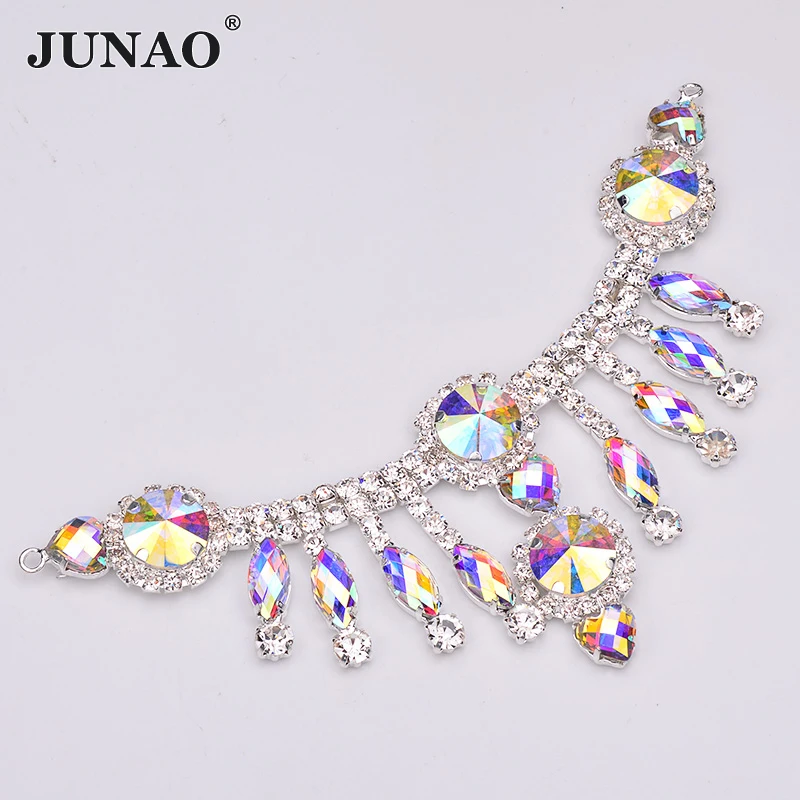 JUNAO 155x60mm Crystal AB Head Chain Forehead Decoration Rhinestones Belt Necklace Applique Glass Crystal for Wedding Jewelry