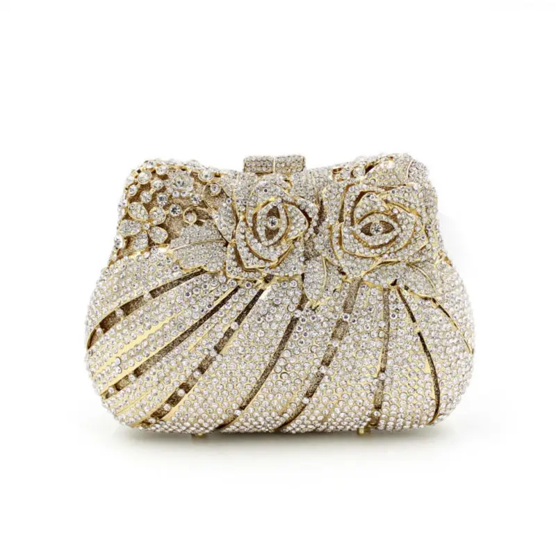 

BL007 rose flower shape Luxury crystal Clutch bags bling rhinestone evening bags Gold women evening clutch bags party bag