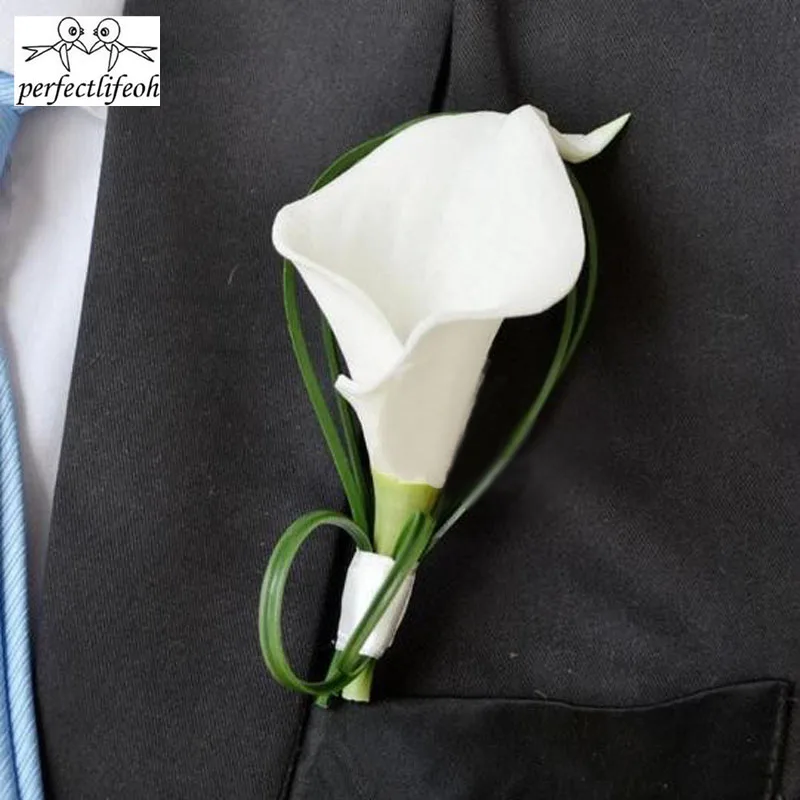 perfectlifeoh Hand Made White Calla Lily Flower Corsage Groom Groomsman Wedding Party Man Boutonniere Pin Brooch Decoration