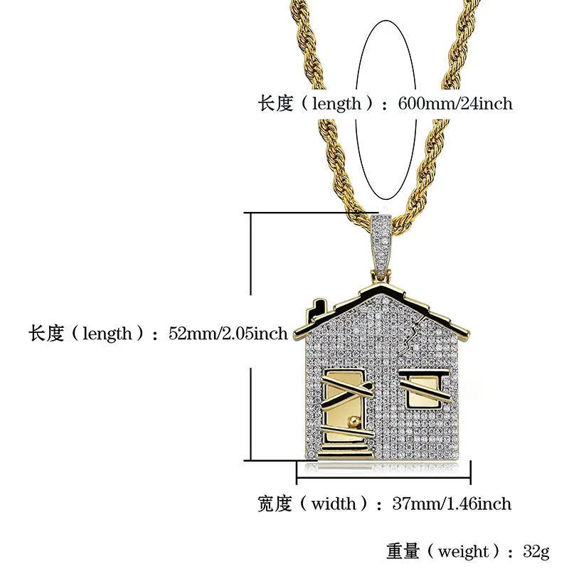 Hip Hop AAA CZ Stones Paved Bling Ice Out House Pendants Necklace for Men Rapper Jewelry Gold Color Gift