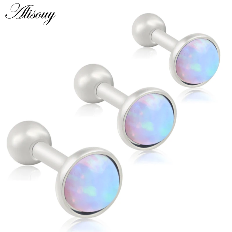 Alisouy 1Pc Stainless Steel Silver color 16g Opal Stone Ear Tragus Gauges Cartilage Helix Stud Earring Piercing Body Jewelry